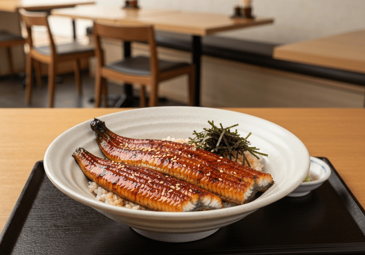 Finished Unadon (Grilled Eel Rice Bowl) plated for serving
