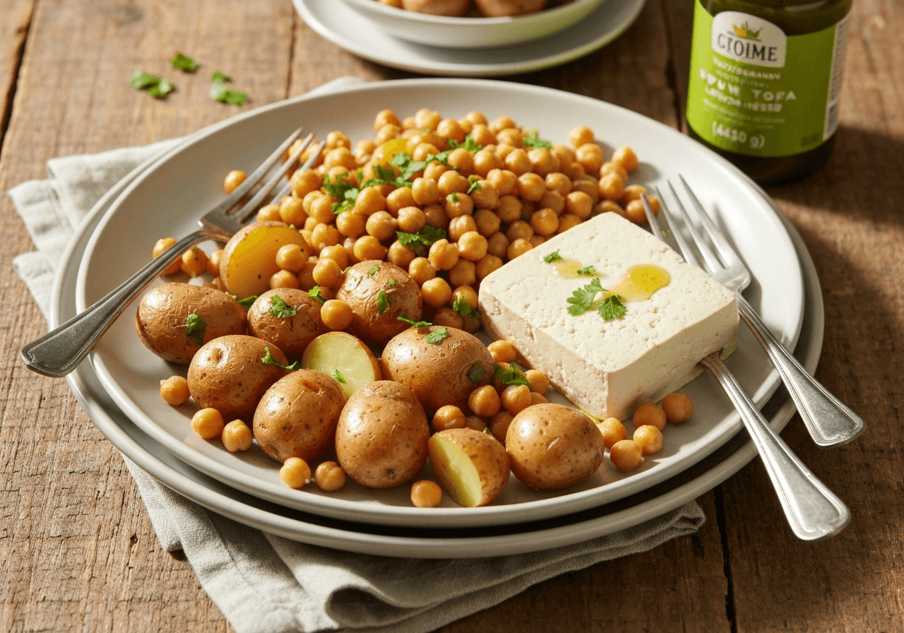 Finished Vegetarian Mediterranean Sheet Pan with Tofu and Lemon-Herb Dressing plated for serving