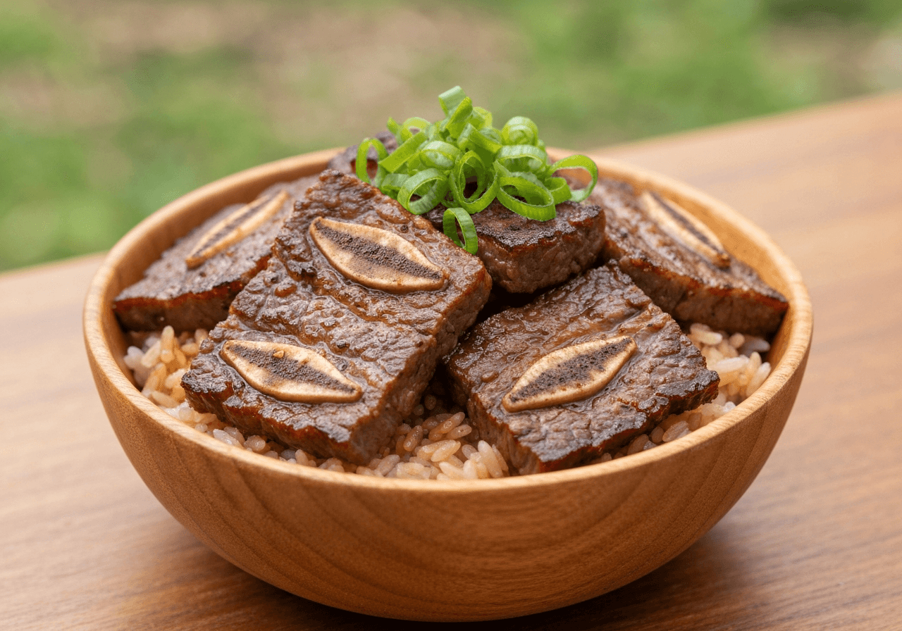 Finished Yakiniku Don (Japanese BBQ Beef Bowl) plated for serving